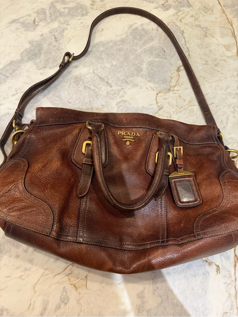 Prada Cognac Leather Satchel with Gold Hardware